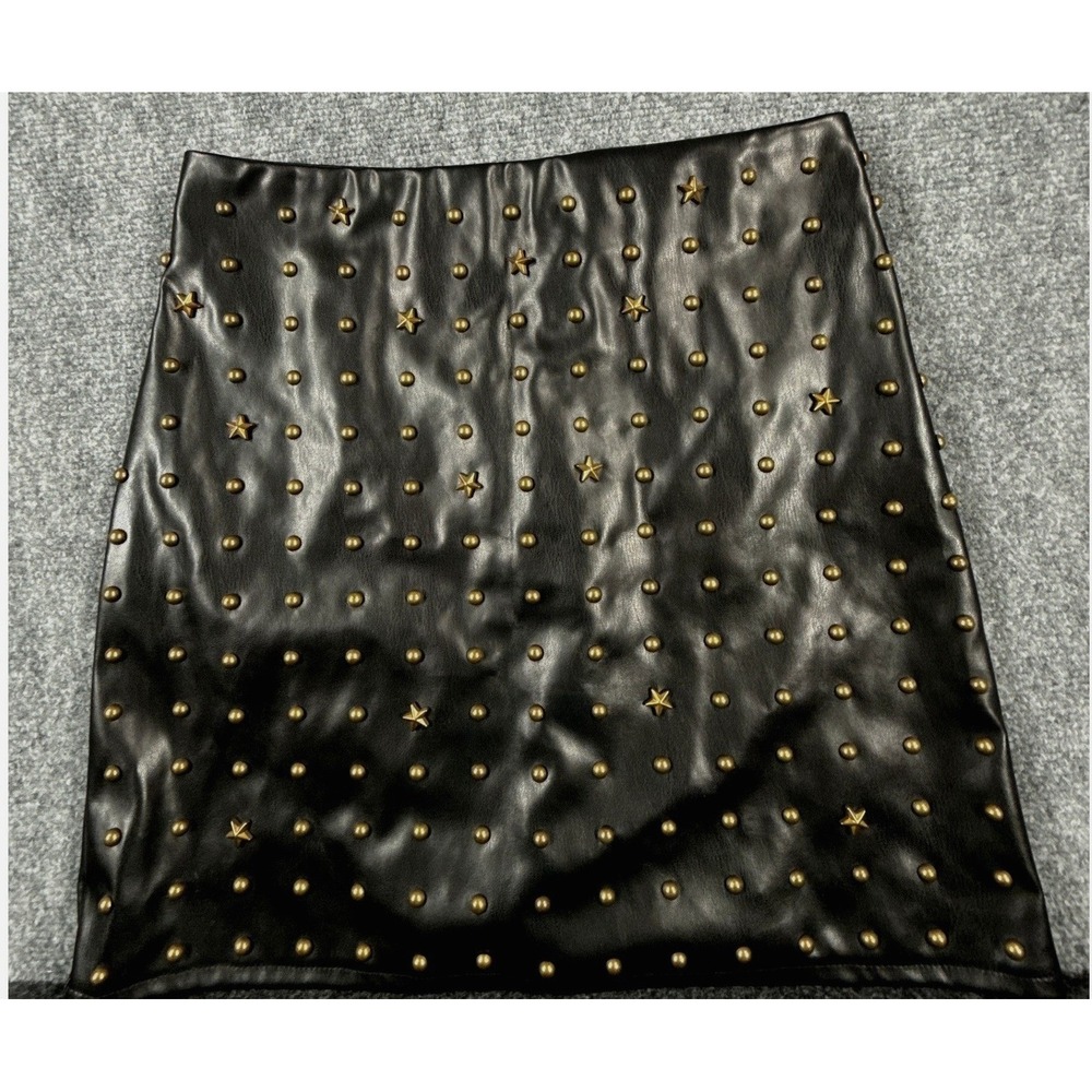 Lucky & Blessed Womens Black Faux Leather Studded Star Mini‎ Skirt Small NEW